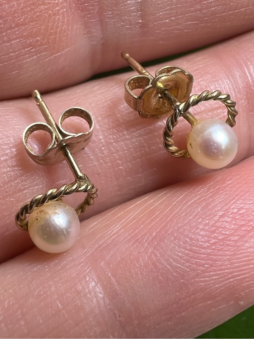 Delicate 14K gold Pearl Stud Earrings with Twisted Hoop Accent